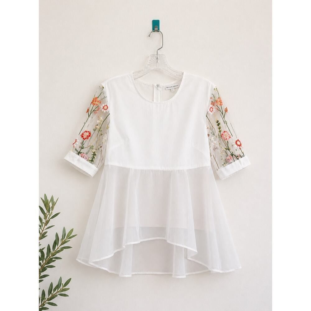 Silvian Heach Sheer Embroidered Sleeve Peplum Blouse White High Low Hem Top S